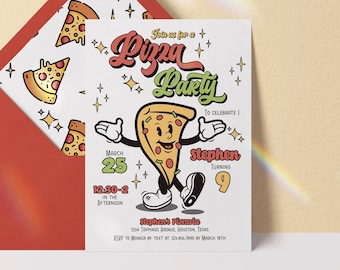 pizza party invitation, pizza party birthday invitation, pizza slice birthday party invitation, pizza invitation, pizza party download