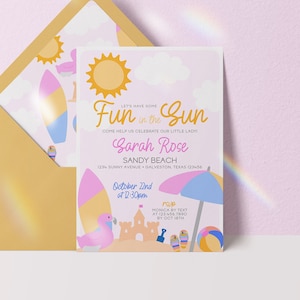 Editable Beach Birthday Party Invitation Fun in the Sun Invitation 1st Birthday Invite Pink Surf Invitation Pool Party Invite Template