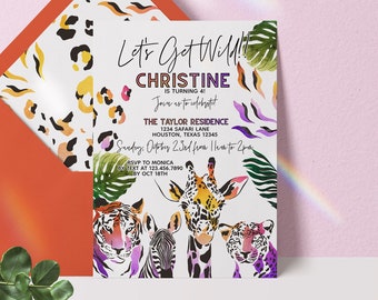 Editable Let's Get Wild Birthday Invitation, Tiger Theme Birthday Invitation, Party Animals Invite, Safari Animals Invitation Download