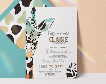 Editable Giraffe Birthday Invitation, Giraffe Theme Birthday Invite, Party Animals Invitation Download, Giraffe Editable, Wild One Invite