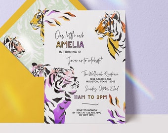 Editable Watercolor Little Cub Birthday Invitation, Tiger Theme Birthday Invitation, Party Invite, Animal Invitation Digital Download, Tiger