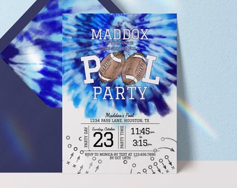 Editable Football Pool Birthday Party Invitation, Tie Dye Pool Party Invitation, Blue Football Pool Invitation, Pool Party Template