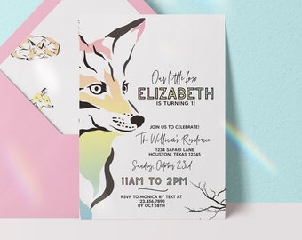 Editable Fox Birthday Invitation, Pastel Fox Theme Birthday Invite, Woodland Animals Invitation Download, Fox Editable, Little Fox Invite