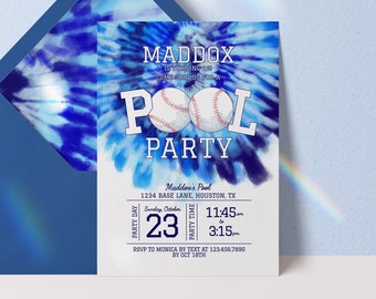 Editable Baseball Pool Birthday Party Invitation, Tie Dye Pool Party Invitation, Blue Baseball Pool Invitation, Pool Party Template