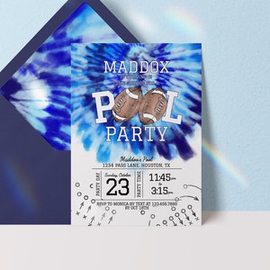 Editable Football Pool Birthday Party Invitation Tie Dye Pool Party Invitation Blue Football Pool Invitation Pool Party Template
