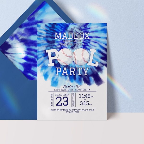 Editable Baseball Pool Birthday Party Invitation, Tie Dye Pool Party Invitation, Blue Baseball Pool Invitation, Pool Party Template