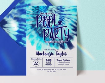 Editable Pool Birthday Party Invitation, Tie Dye Pool Party Invitation 1st Birthday Invite, Blue Pool Invitation, Pool Party Invite Template