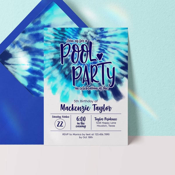 Editable Pool Birthday Party Invitation, Tie Dye Pool Party Invitation 1st Birthday Invite, Blue Pool Invitation, Pool Party Invite Template