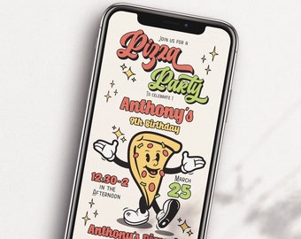 textable pizza party invitation, mobile pizza party birthday invitation, editable phone pizza slice birthday party invitation, text pizza