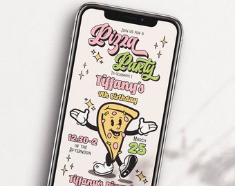 textable pizza party invitation, mobile pizza party birthday invitation, editable phone pizza slice birthday party invitation, text pizza