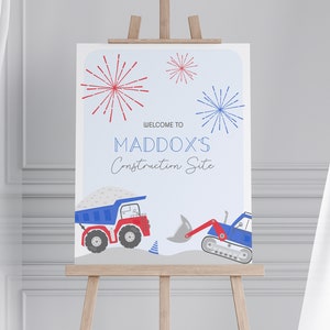 editable construction welcome sign, 4th of july dump truckl birthday sign, construction birthday party, construction digital download sign image 1