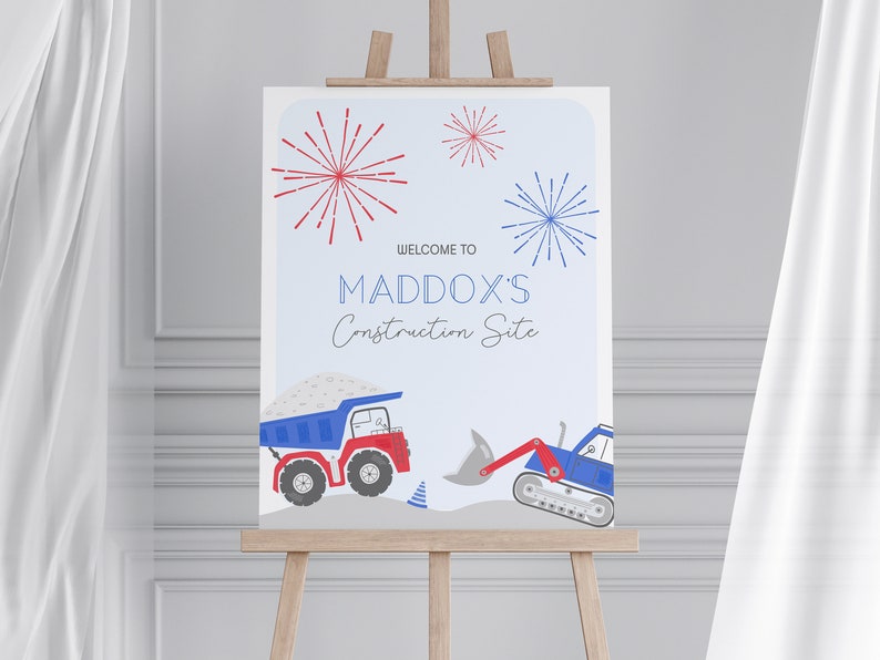 editable construction welcome sign, 4th of july dump truckl birthday sign, construction birthday party, construction digital download sign image 1