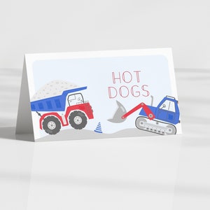 editable construction food tent, 4th of July construction birthday food tag, dump truck birthday food label, construction food label image 1