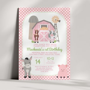 Mädchen Bauernhof Einladung Sofort Download | Streichelzoo einladen | Bauernhof einladen Rosa