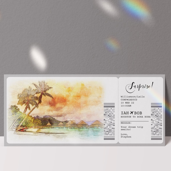 editable boarding pass template, surprise ticket to bora bora, plane ticket vacation, suprise gift, suprise trip, watercolor bora bora