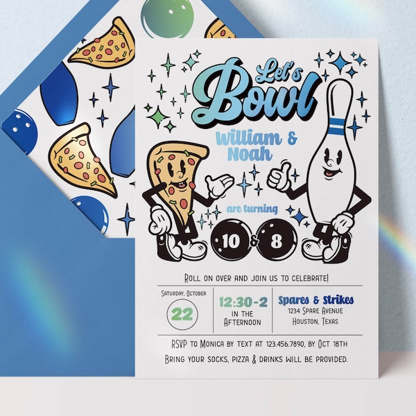 editable bowling party invitation, joint bowling birthday, siblings bowling birthday party invite, bowling invitation, boys bowling party