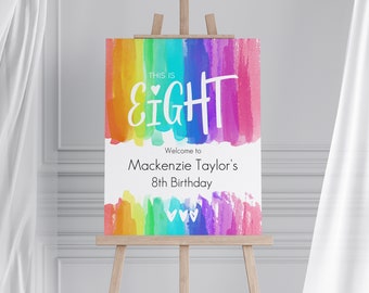 editable 8th birthday welcome sign, editable watercolor welcome sign for girl birthday, rainbow birthday sign, printable 8th birthday girl