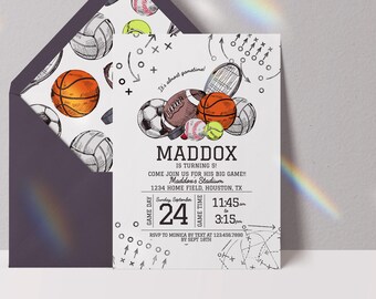 Sports Birthday Invitation Custom Editable Template Game Day Theme Card Digital Kids Party Design Athletic Team Gift Printable Celebration