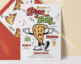 pizza party invitation, pizza party birthday invitation, pizza slice birthday party invitation, pizza invitation, pizza party download