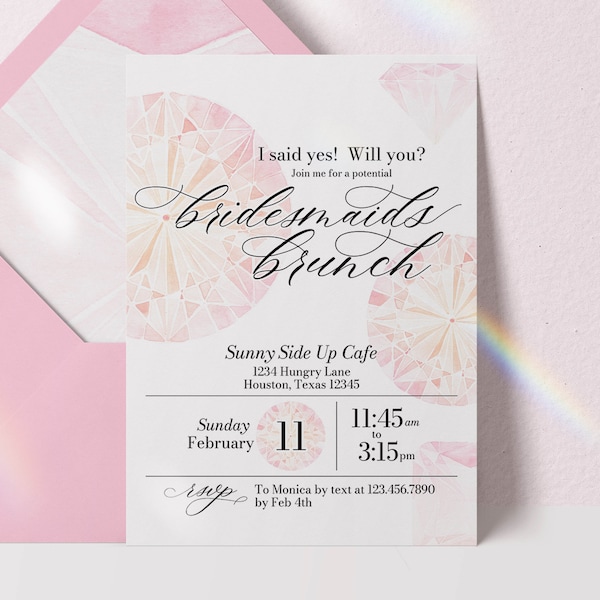 editable bridesmaid brunch invitation, will you be my bridesmaid invitation, editable brunch invitation, diamond brunch invitation template