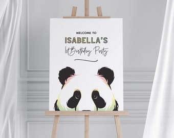 editable pastel panda bear birthday welcome sign, editable panda bear sign, printable panda bear birthday welcome sign, panda easel sign