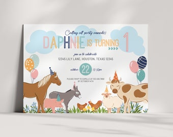 Editable Farm Animals Birthday Invitation, Girl Farm, Barnyard First Birthday, Party Animals, Download