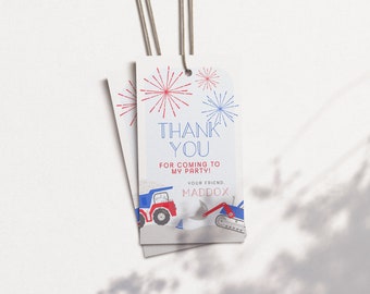 editable construction birthday favor tags, July 4th dump truck party thank you tags, 4th of July gift tags template printable