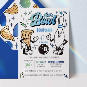 Editable Boy Bowling Party Invitation Retro Bowling Birthday Invitation Bowling and Pizza Birthday Party Invite Bowling Digital Download