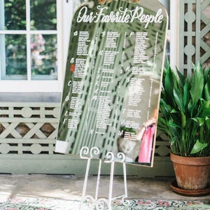 May include: A decorative mirror with the text "Our Favorite People" in elegant script, used as a seating chart. The mirror is supported by a white, ornate easel. The background includes a window and potted plants.