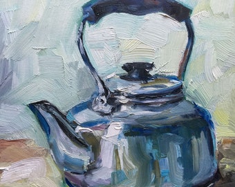 Kitchen painting Silver teapot still life home decor contemporary still life painted in oil on 8 x 8 inch wood panel