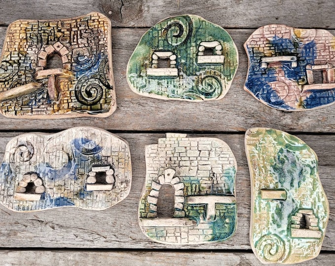 Handmade castle tile,, turn a tree or a wall into a castle diorama or wizard tower using these unique Celtic inspired wall tiles
