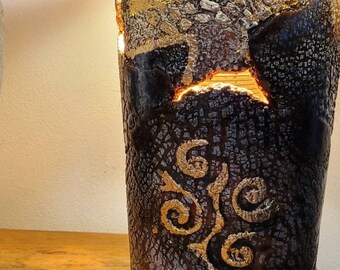 Unique handmade ceramic luminaire lamp. Gold leaf celtic spirals