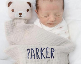 Personalized Embroidered Organic Cotton Baby Comforter: Teddy Bear Lovey