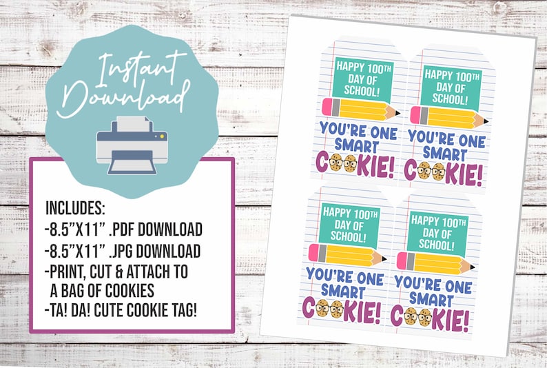 PRINTABLE You Are One Smart Cookie! Happy 100th Day! Tag | Instant ...
