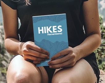 May include: A person sitting on a rock in a mountainous landscape, holding a blue book with the title "HIKES Remembered" on the cover.