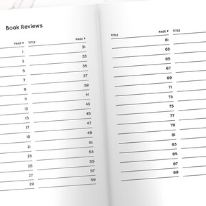 K&ouml;nnte beinhalten: Ein leeres Buch mit einem schwarzen Einband und wei&szlig;em Text, der "Book Reviews" lautet. Das Buch ist auf zwei Seiten ge&ouml;ffnet, mit nummerierten Zeilen zum Eintragen von Buchtiteln und Seitenzahlen.