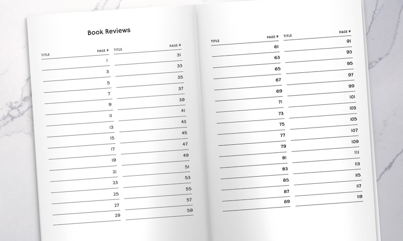 K&ouml;nnte beinhalten: Ein leeres Buch mit einem schwarzen Einband und wei&szlig;em Text, der "Book Reviews" lautet. Das Buch ist auf zwei Seiten ge&ouml;ffnet, mit nummerierten Zeilen zum Eintragen von Buchtiteln und Seitenzahlen.