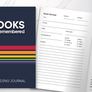 K&ouml;nnte beinhalten: Ein blauer und regenbogenfarbener gestreifter Journal-Umschlag mit dem Text "BOOKS Remembered" und "A READING JOURNAL". Die Innenseiten sind leer und haben &Uuml;berschriften f&uuml;r eine Buchrezension, darunter Titel, Autor, Genre, Seitenzahl, Quelle, Format, Zusammenfassung, Rezension und Take-Away, Bewertung und Empfehlung.
