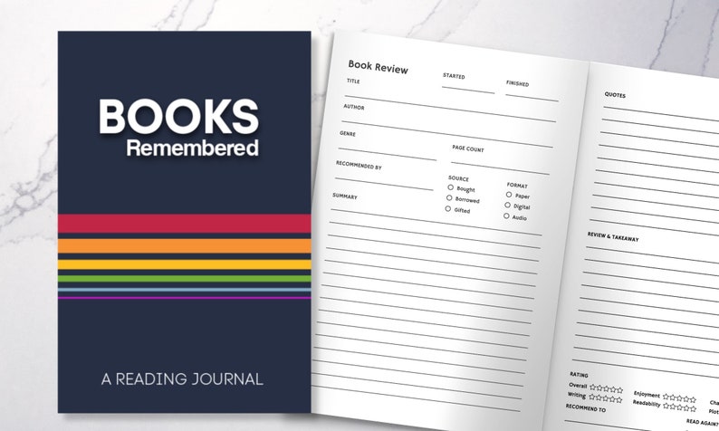 K&ouml;nnte beinhalten: Ein blauer und regenbogenfarbener gestreifter Journal-Umschlag mit dem Text "BOOKS Remembered" und "A READING JOURNAL". Die Innenseiten sind leer und haben &Uuml;berschriften f&uuml;r eine Buchrezension, darunter Titel, Autor, Genre, Seitenzahl, Quelle, Format, Zusammenfassung, Rezension und Take-Away, Bewertung und Empfehlung.