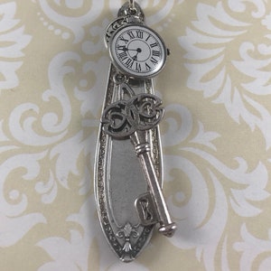 Spoon Jewelry Pendant: Clock & Key Charm, Silverware Jewelry