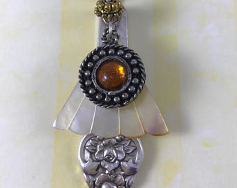 Spoon Jewelry Pendant: Mother of Pearl, Amber & Floral Silverware