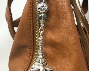 Eiffel Tower Purse Charm: Iridescent Crystals, Pewter Paris Keychain