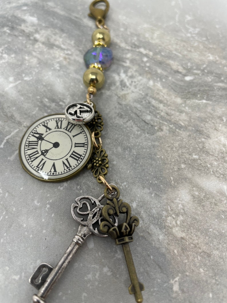 Personalized hostess gift Teacher gift Gift for her under 25 Purse charm Bag charm Backpack charm Bohemian gift for friend Key and clock image 9