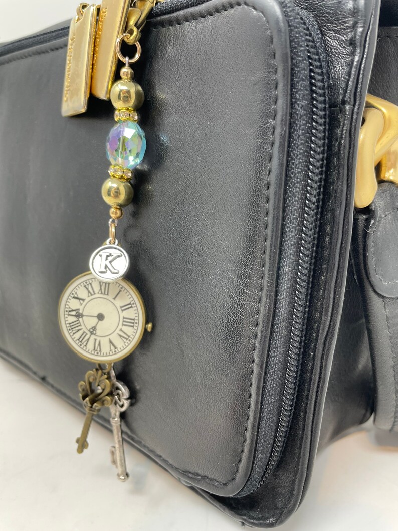 Personalized hostess gift Teacher gift Gift for her under 25 Purse charm Bag charm Backpack charm Bohemian gift for friend Key and clock image 10