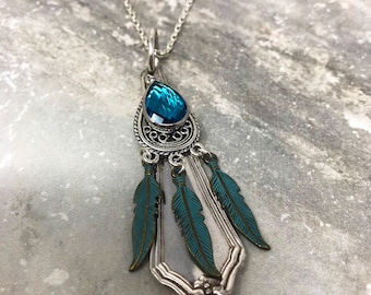 Spoon jewelry Antique silverware necklace Turquoise feathers Blue crystal Gift for her Gift for girlfriend Gift under 50 PrettyHostess gift