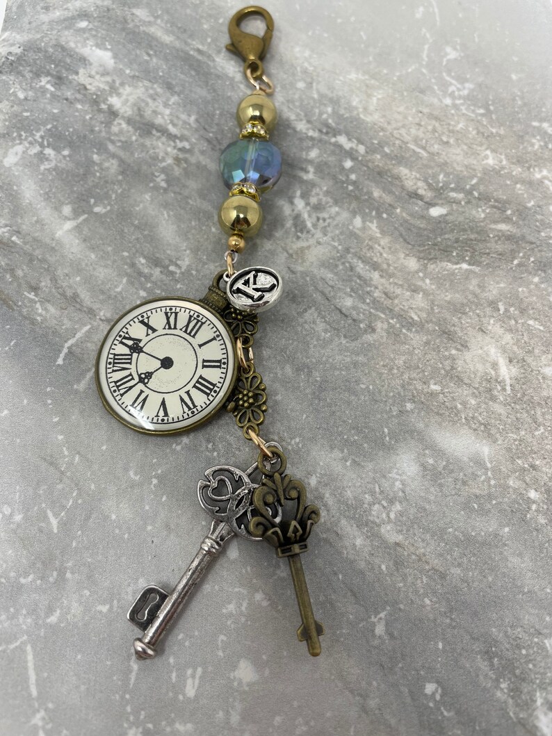 Personalized hostess gift Teacher gift Gift for her under 25 Purse charm Bag charm Backpack charm Bohemian gift for friend Key and clock image 4