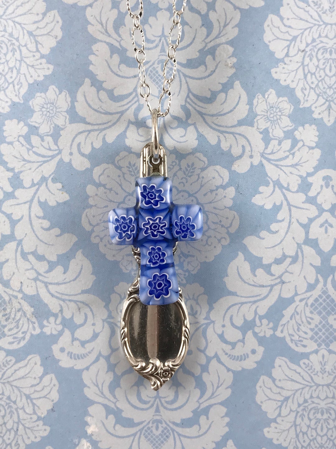 Silver Spoon Cross Necklace: Blue Glass Floral Pendant - Etsy
