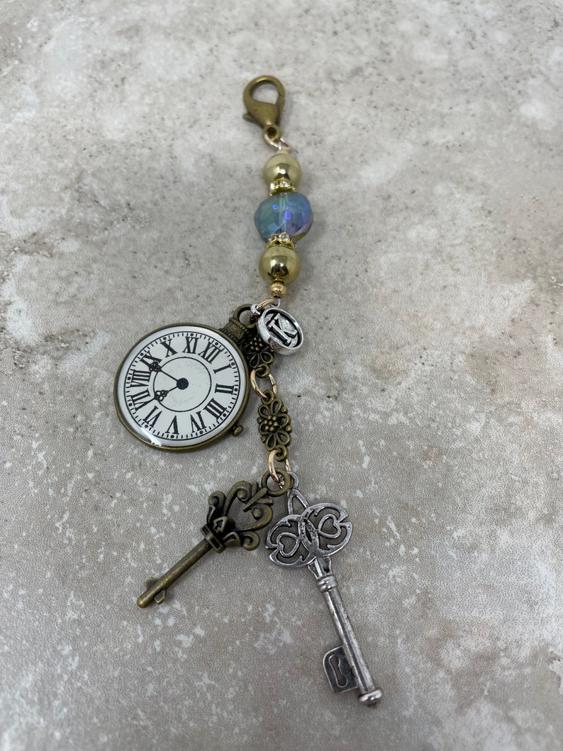 Personalized hostess gift Teacher gift Gift for her under 25 Purse charm Bag charm Backpack charm Bohemian gift for friend Key and clock image 8