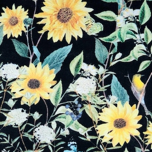 Mediterranean Sunflowers Fabric Country Wildflower Floral Garden Autumn Fall Sunflower Black Farmhouse Apparel Quilting Cotton Fabric t1-29