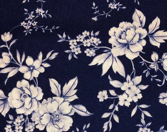 Navy Porcelain Floral Fabric Flowers on Navy Blue Apparel Quilting Cotton Fabric t1/27